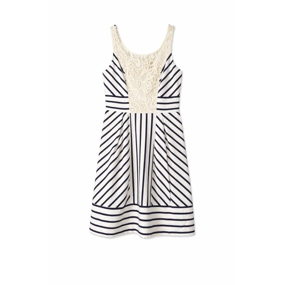 Maeve Anthropologie Navy Stripe Lace Fit & Flare Dress Size 2 Coastal Classic - Picture 2 of 7
